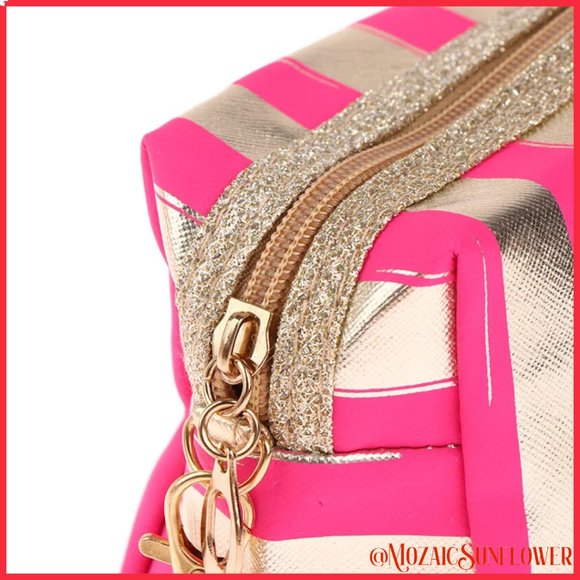NEW WITH PACKAGING GOLD AND PINK STRIPE MAKE UP BAG - Picture 3 of 6